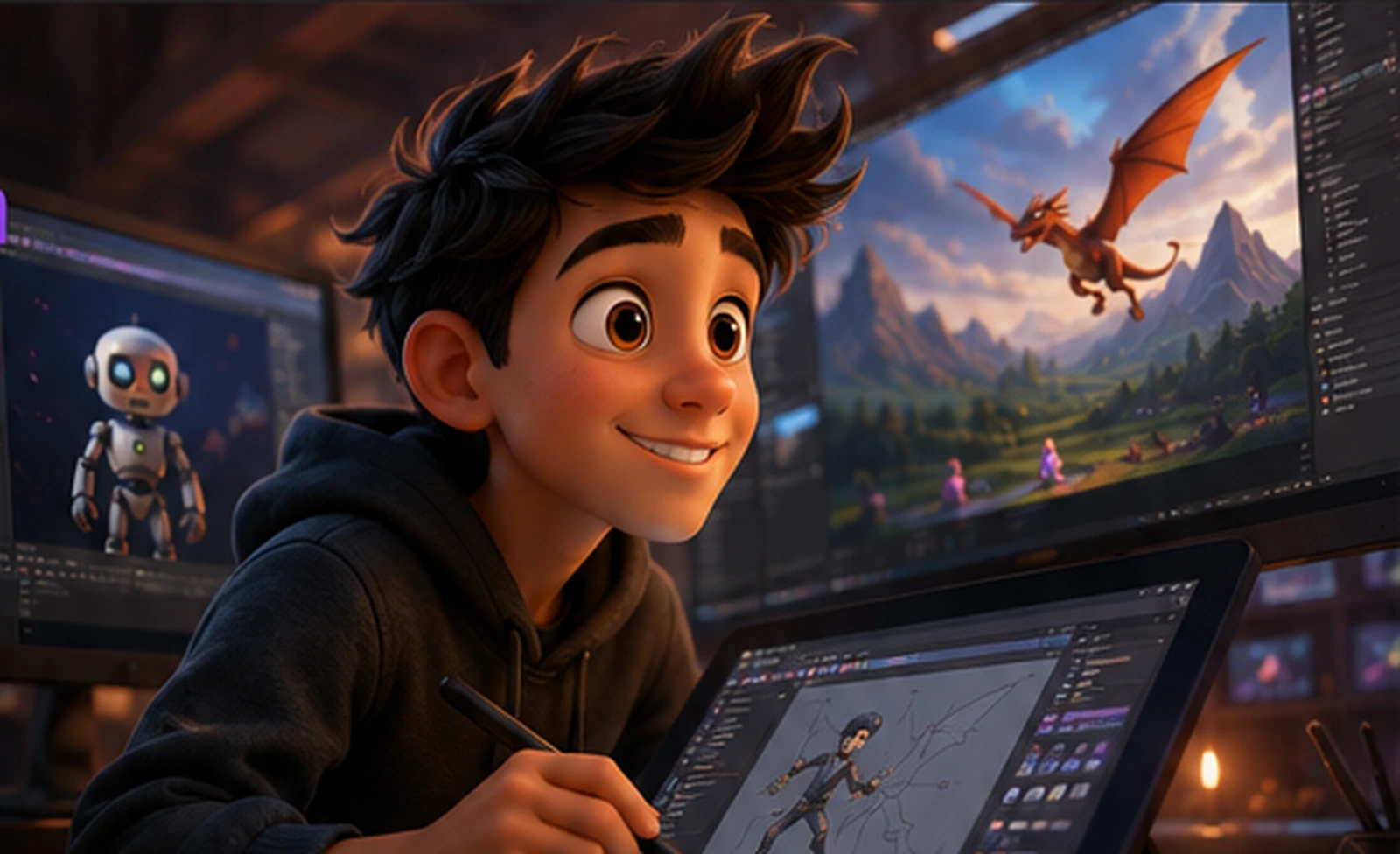 Stylized animation production scene with 3D characters and digital animation tools